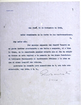 Carta de la Secretaría procedente de Rubén Coto, Secretario del Comité General para la erección d...