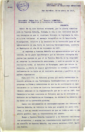 Expediente de la Secretaría procedente del Ministerio de Relaciones Exteriores de El Salvador, Co...