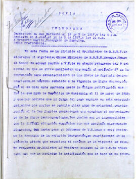 Telegrama de la Secretaría, procedente de R. Arrieta Rossi, de El Salvador, sobre excitativa del ...