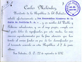 Tarjeta de Carlos Meléndez, Presidente de El Salvador, sobre agradecimiento por remisión de fondo...