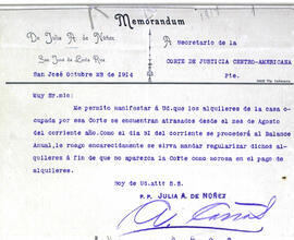 Comprobantes de la Tesorería procedente de Julia A. de Núñez, San José de Costa Rica. Asunto: cob...