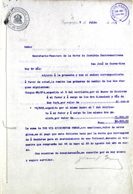 Carta de la Tesorería procedente de la Caja Nacional de Honduras, sobre el pago de cuotas