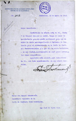 Cartas de la Secretaría procedentes de la Secretaría de Relaciones Exteriores de Guatemala. Asunt...